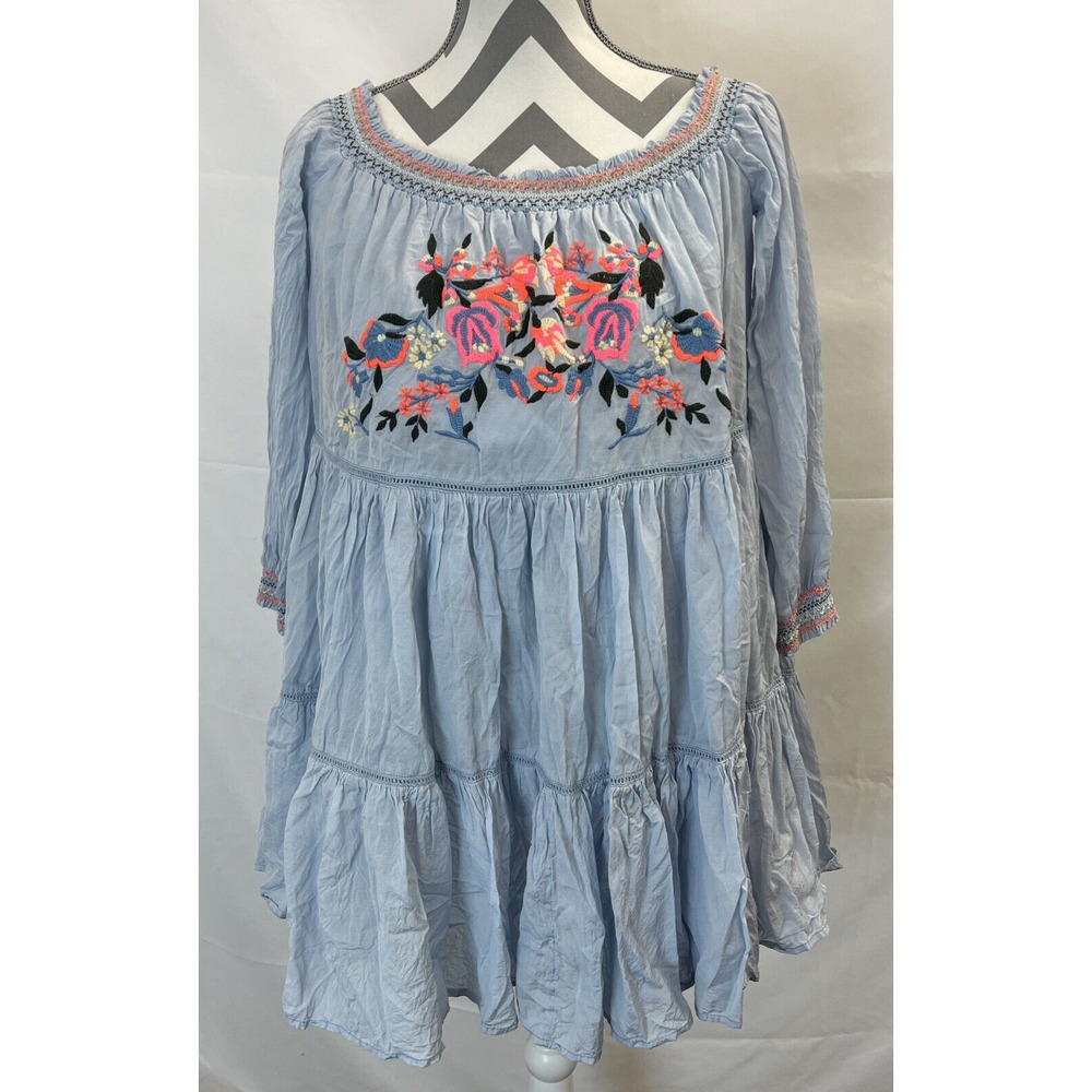 Free People Spell On You Floral Embroidered Dress 3/4 Sleeve Light Blue Medium - Picture 1 of 9